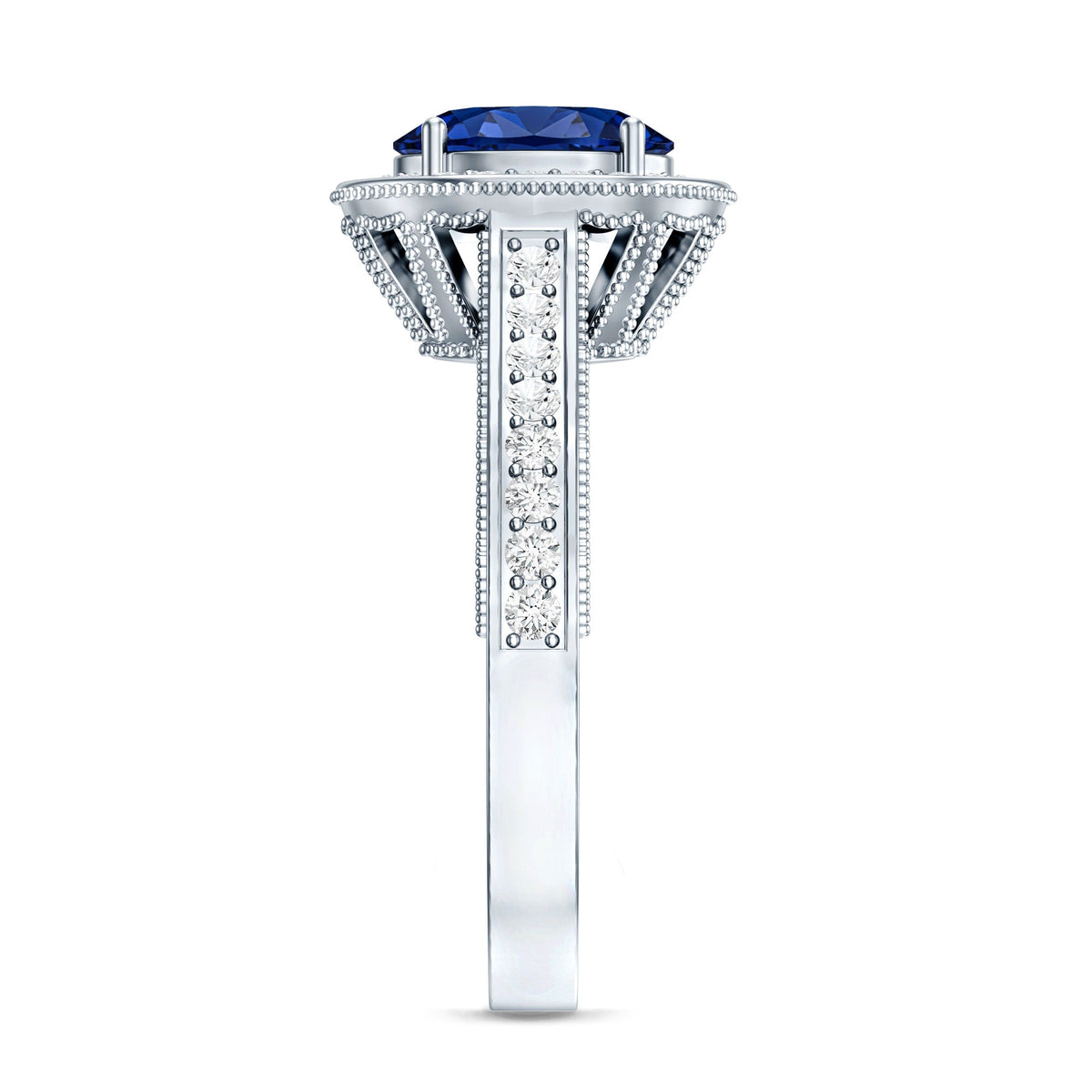 Certified 1.5 Carat Lab Grown Blue Sapphire Engagement Ring with Diamond Halo