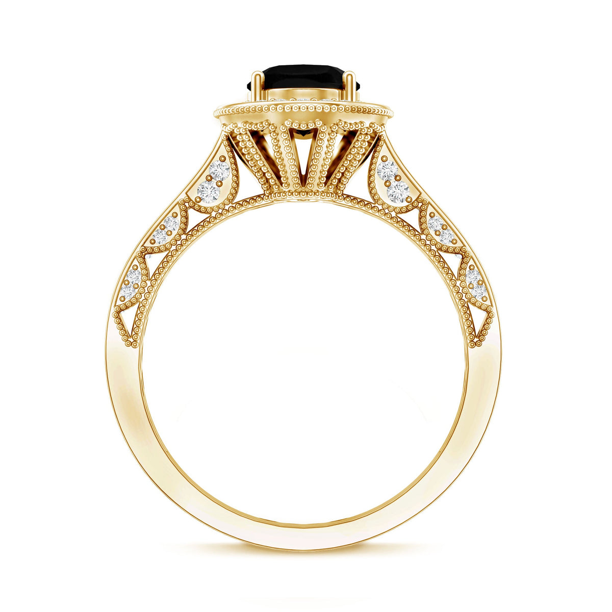 Vintage Inspired Black Onyx Oval Engagement Ring with Diamond Halo