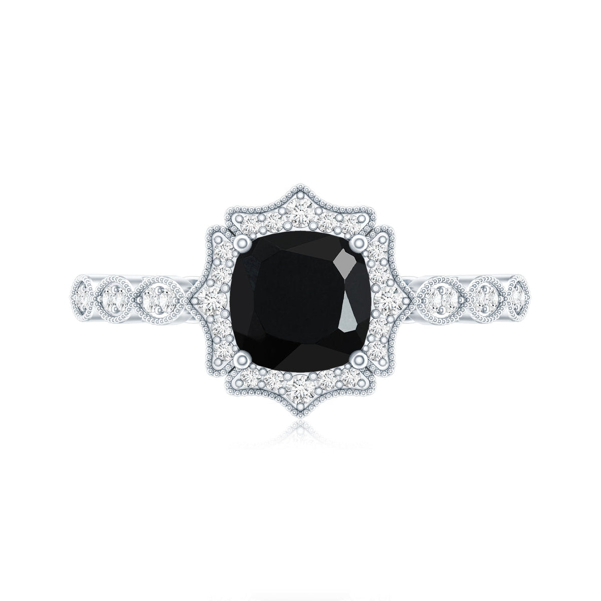 Vintage Inspired Black Onyx and Diamond Halo Engagement Ring