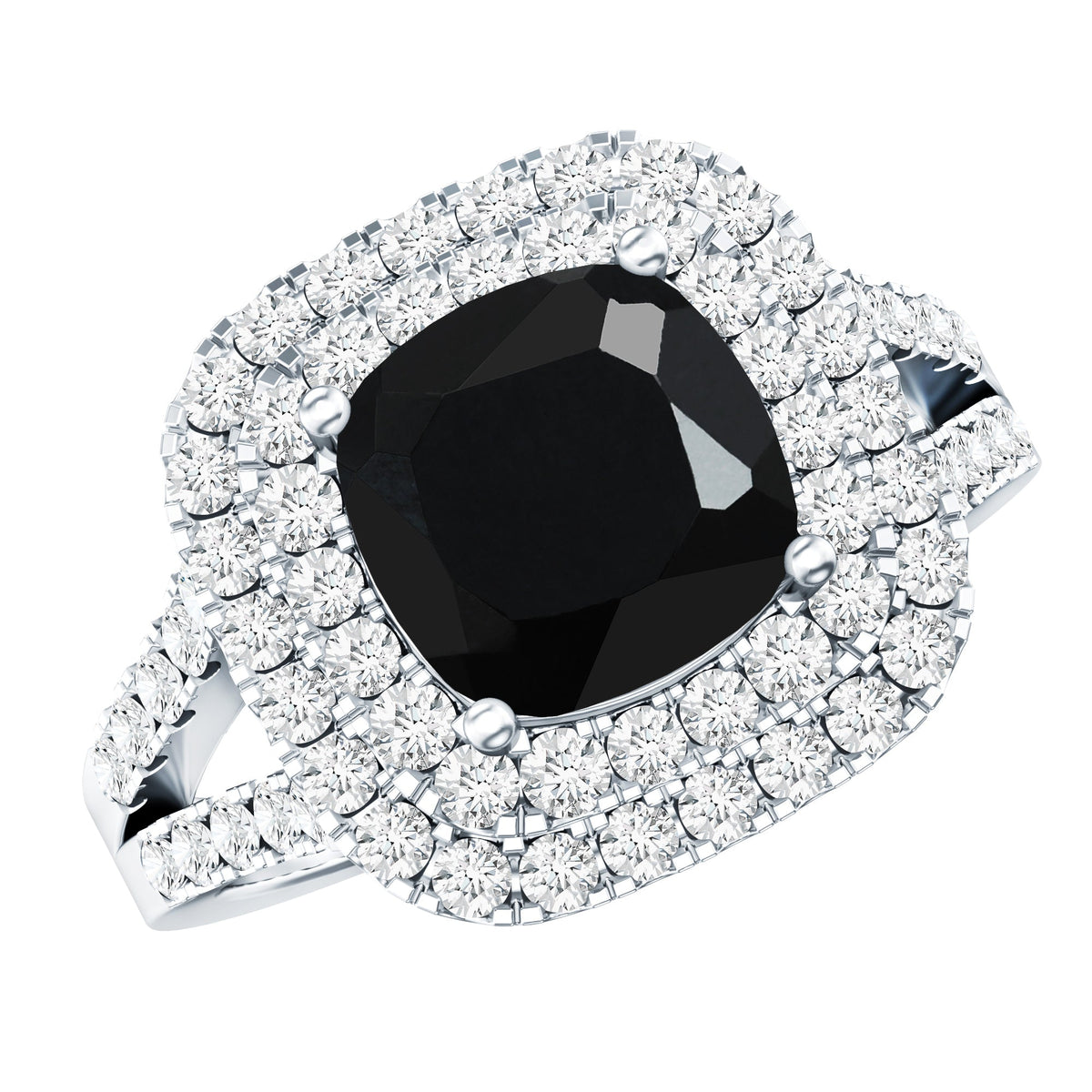 Vintage Style Cushion Cut Black Onyx and Diamond Double Halo Engagement Ring
