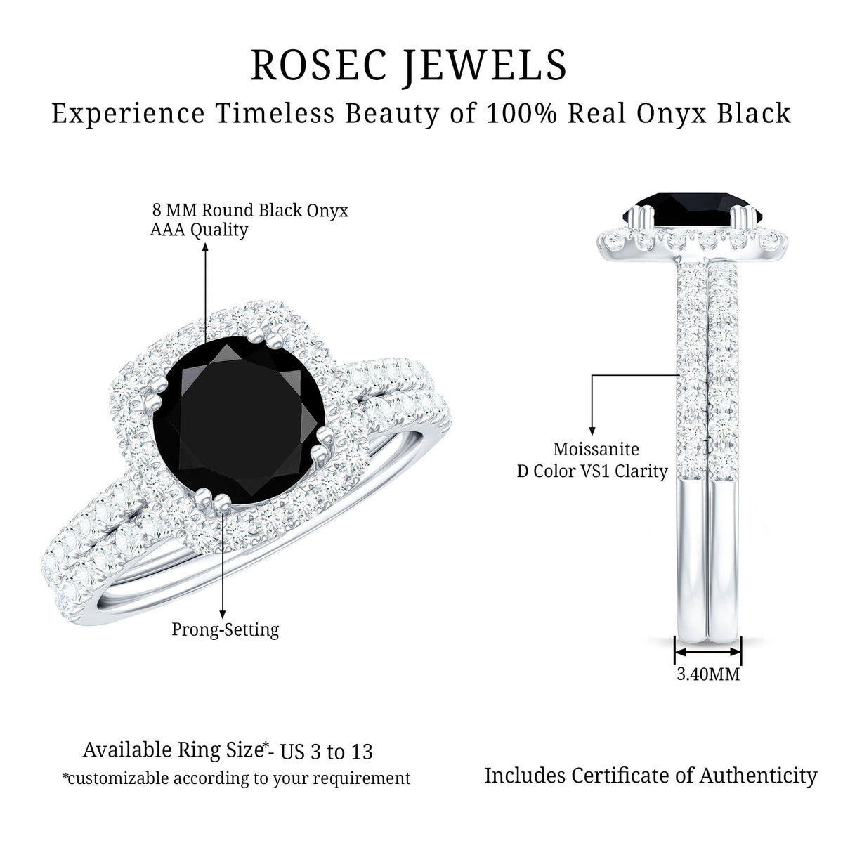 Round Cut Black Onyx Bridal Wedding Ring Set with Moissanite