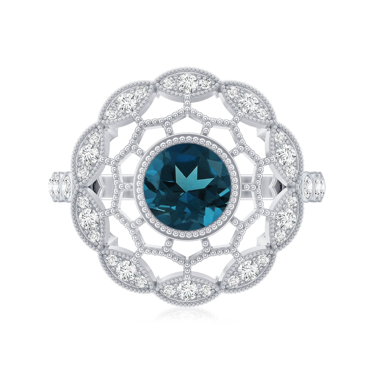 Genuine London Blue Topaz and Diamond Statement Ring with Beaded Details