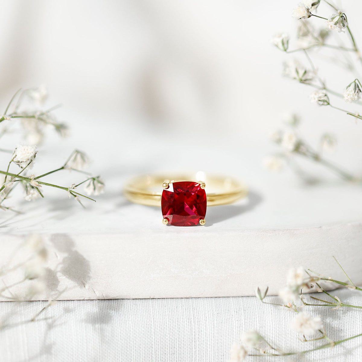 Solitaire 2 Carat Cushion Cut Lab Grown Ruby Engagement Ring