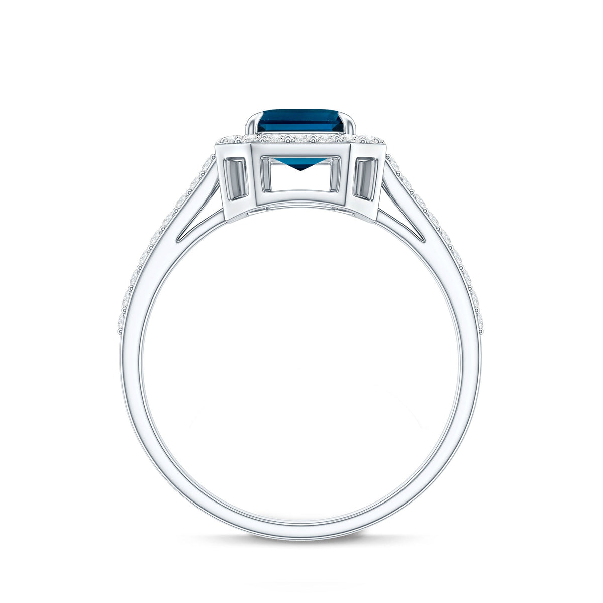 Emerald Cut London Blue Topaz Engagement Ring with Diamond Halo