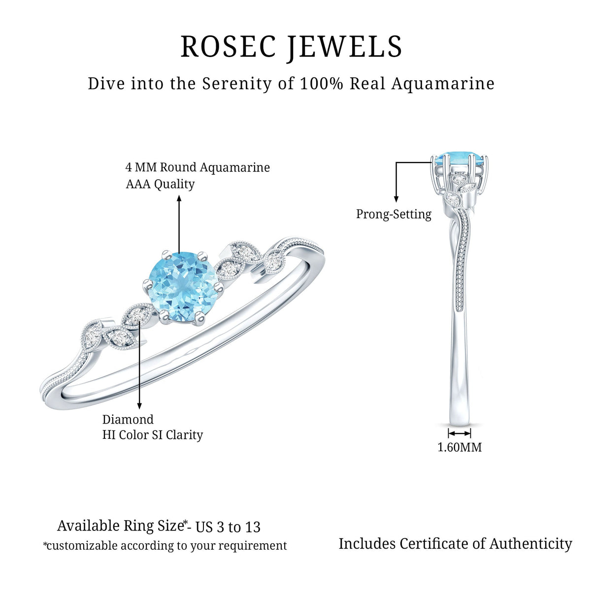 Round Aquamarine Diamond Nature Inspired Promise Ring