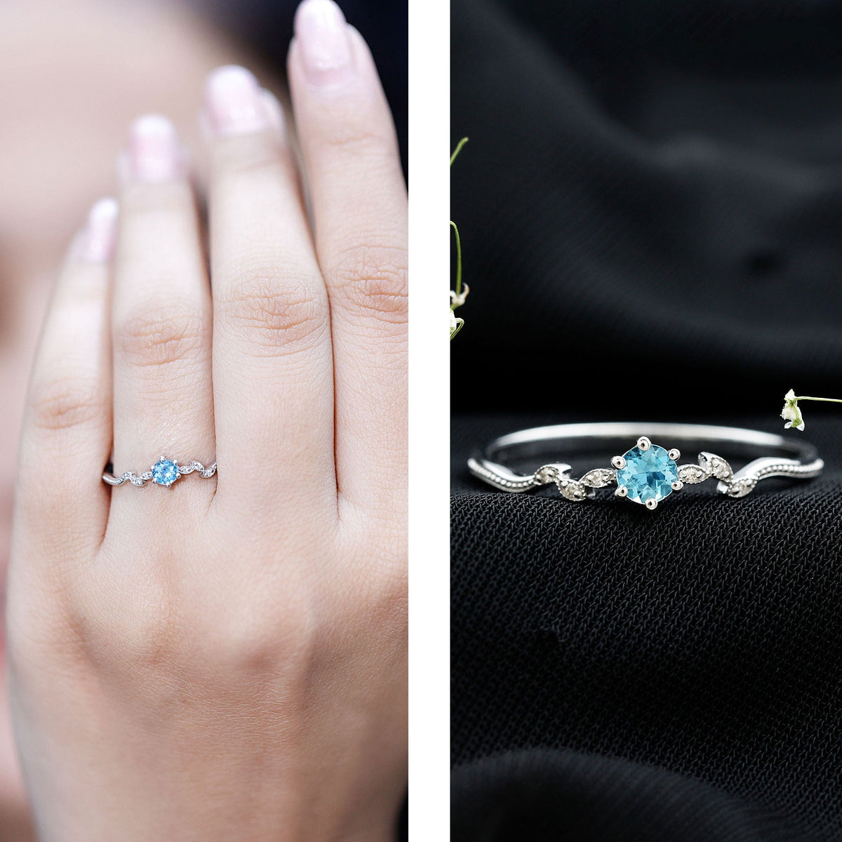 Round Aquamarine Diamond Nature Inspired Promise Ring