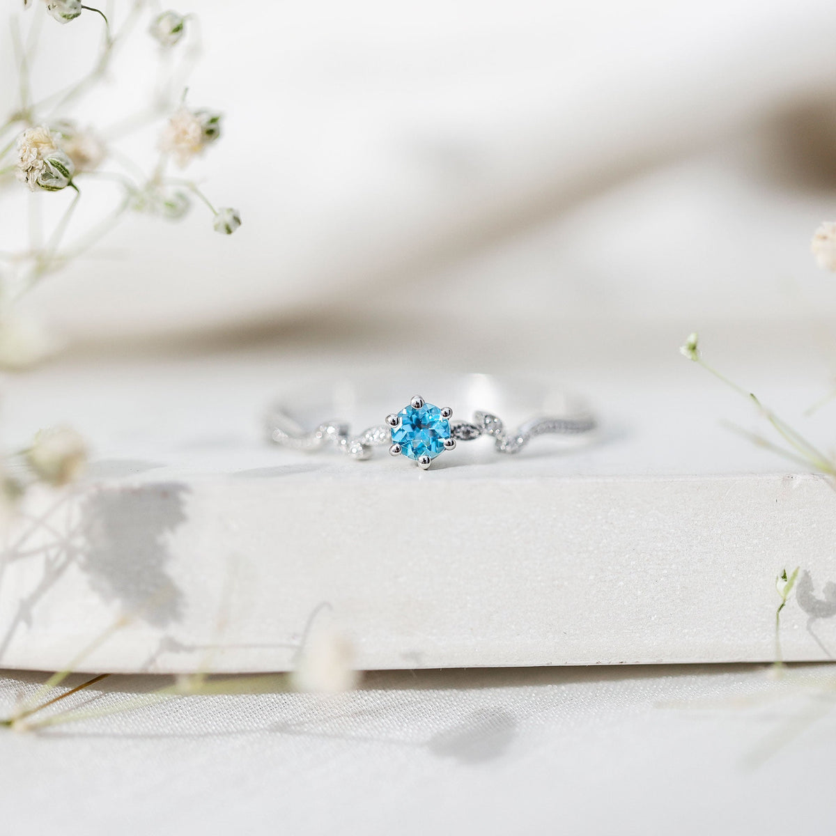 Round Aquamarine Diamond Nature Inspired Promise Ring
