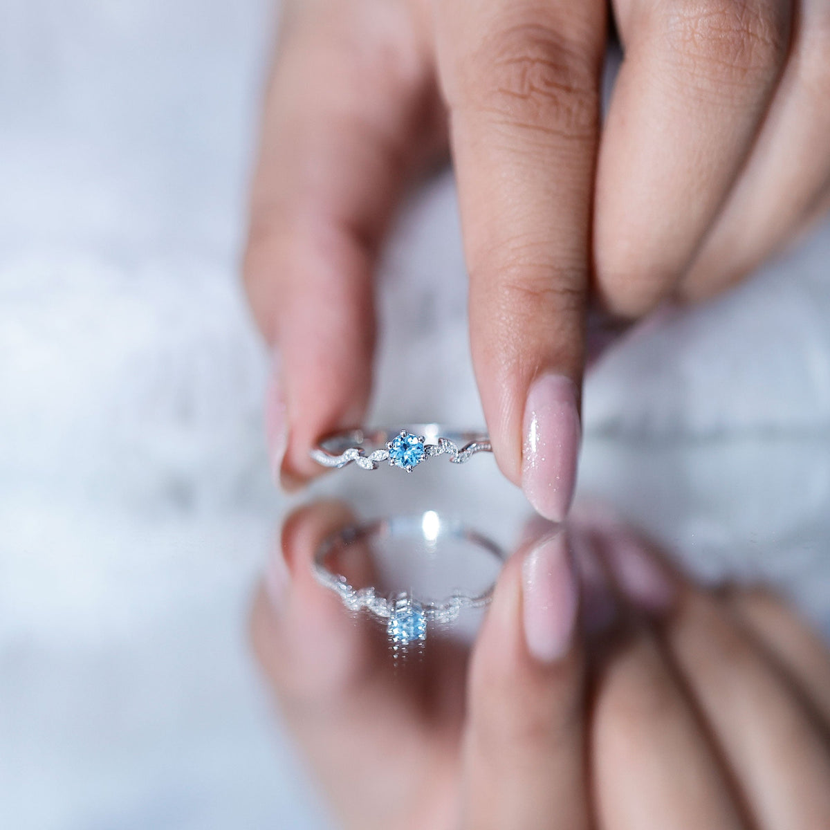 Round Aquamarine Diamond Nature Inspired Promise Ring
