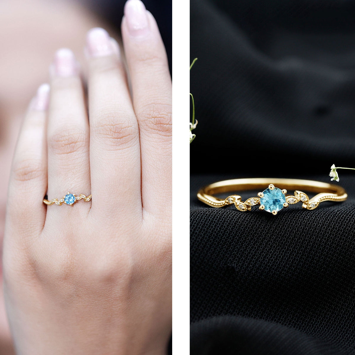 Round Aquamarine Diamond Nature Inspired Promise Ring