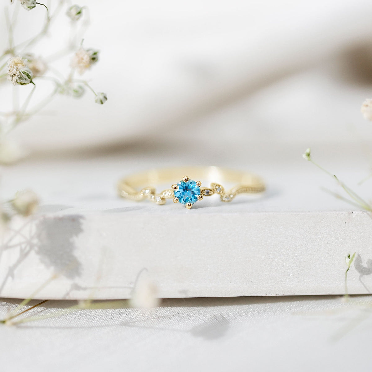 Round Aquamarine Diamond Nature Inspired Promise Ring