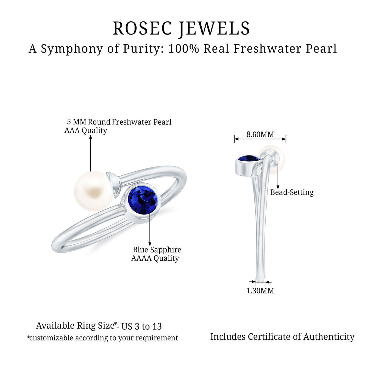 Lab Created Blue Sapphire and Pearl Toi Et Moi Ring