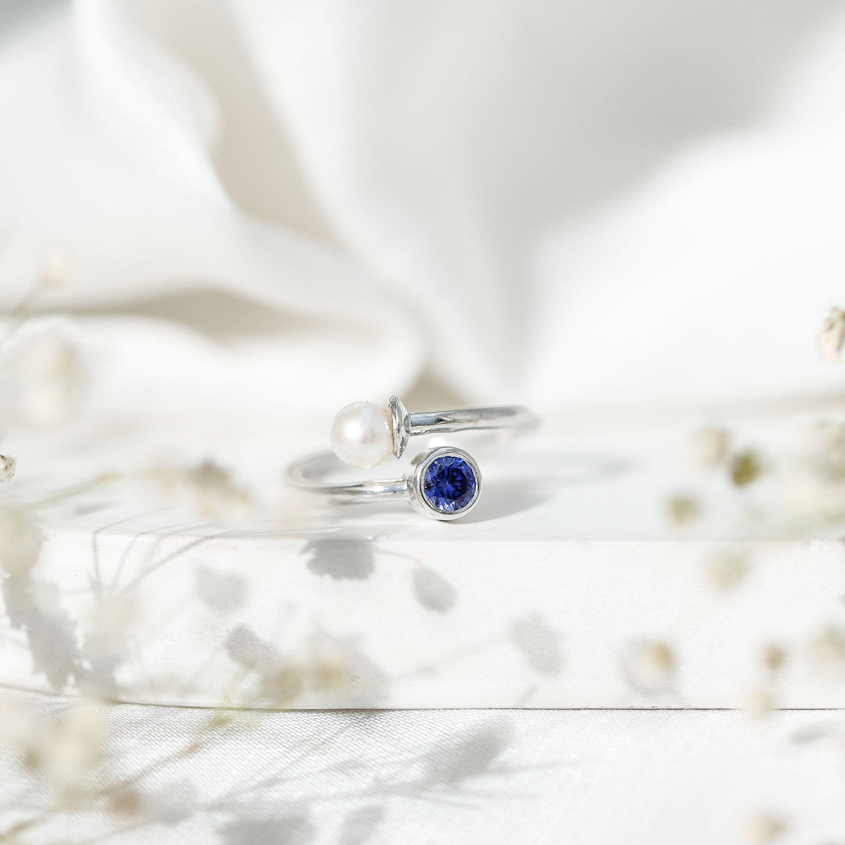 Lab Created Blue Sapphire and Pearl Toi Et Moi Ring