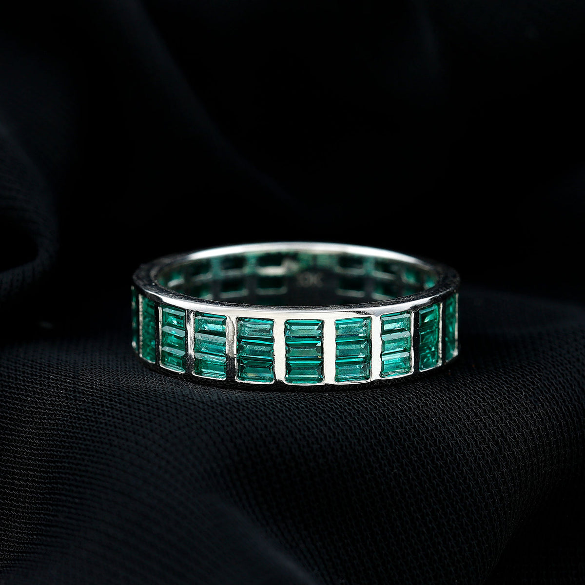 Baguette Cut Lab Grown Emerald 3 Row Eternity Band