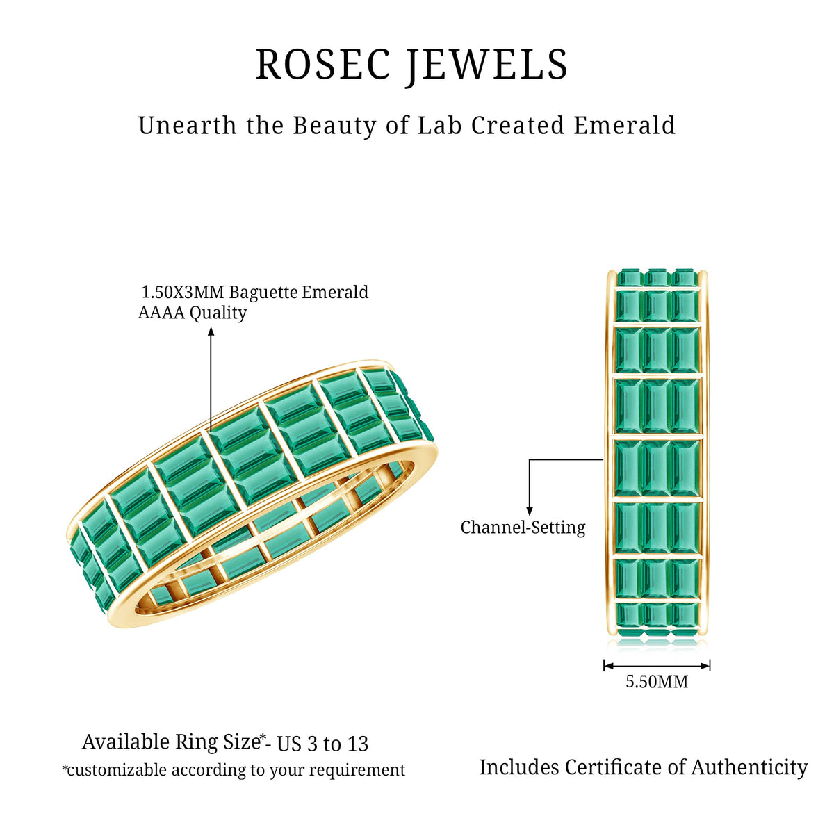 Baguette Cut Lab Grown Emerald 3 Row Eternity Band