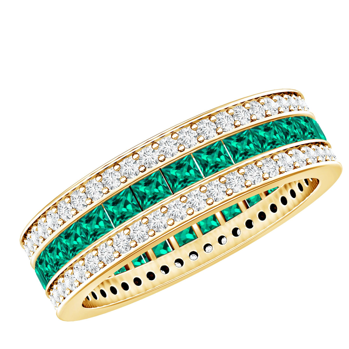 Certified Lab Grown Emerald 3 Row Eternity Wedding Band