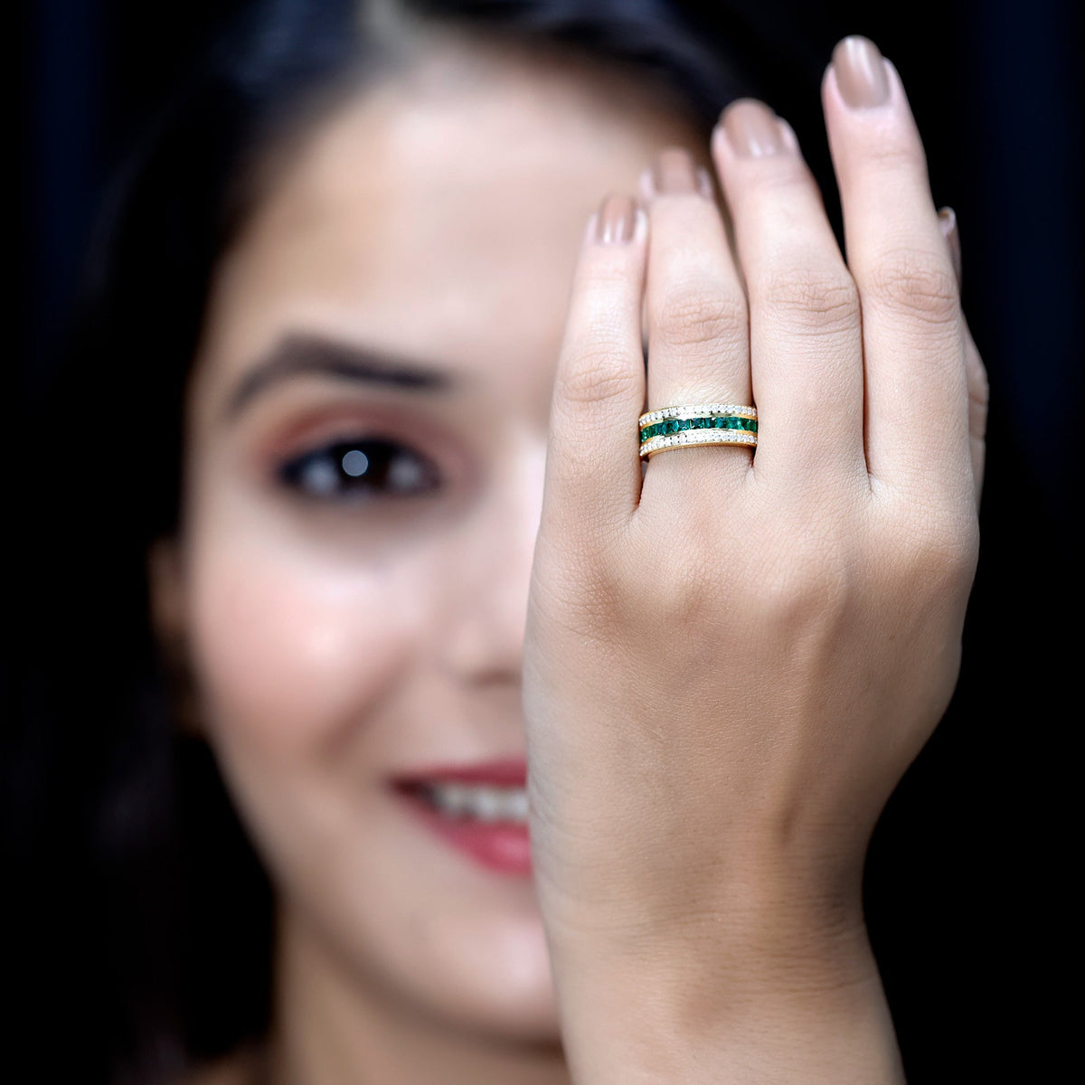 Certified Lab Grown Emerald 3 Row Eternity Wedding Band