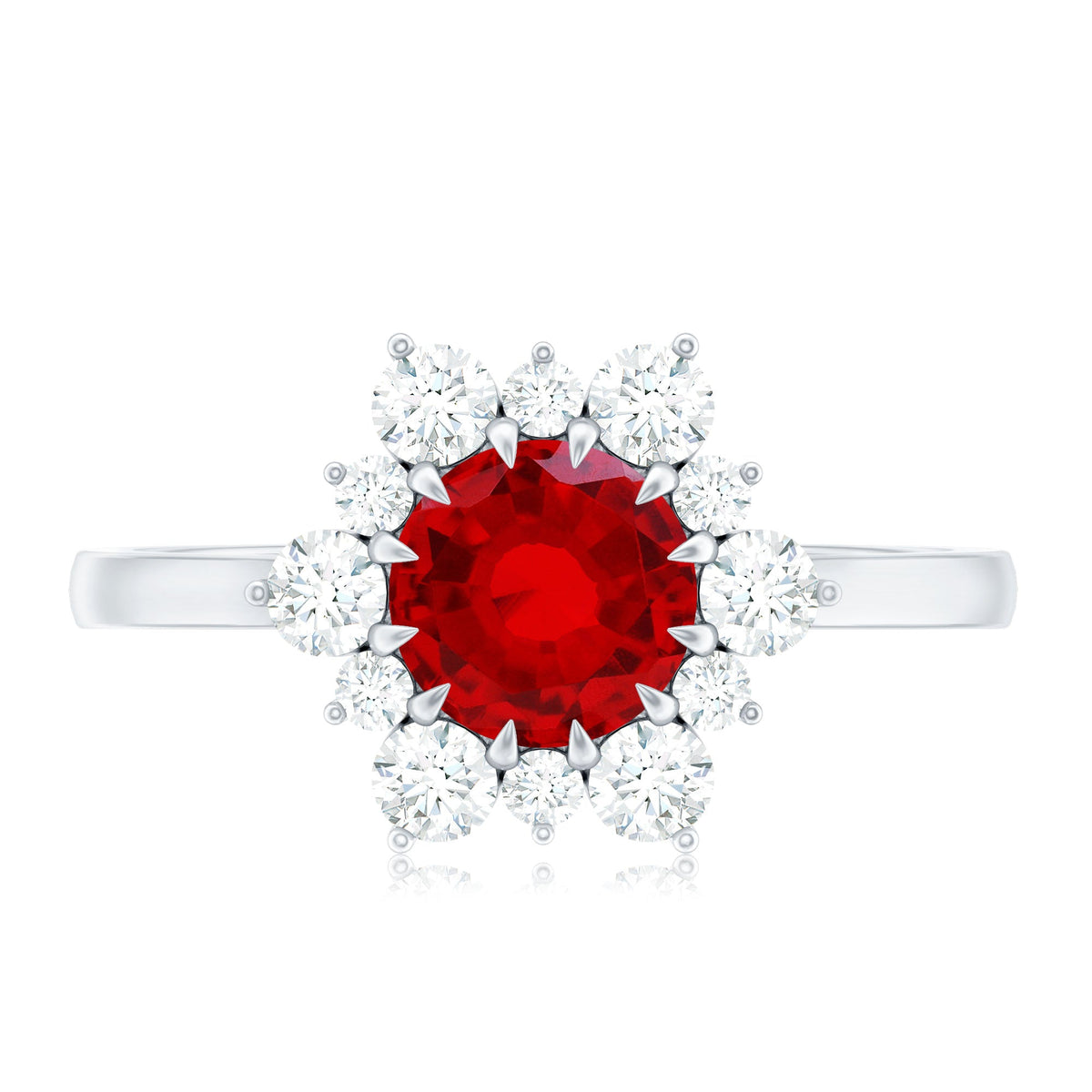 Claw Set Lab Grown Ruby and Diamond Halo Engagement Ring