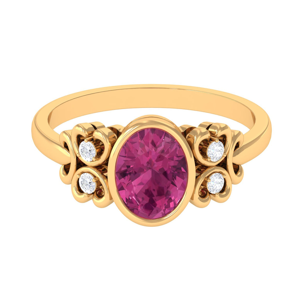 Bezel Set Oval Pink Tourmaline Statement Engagement Ring with Diamond