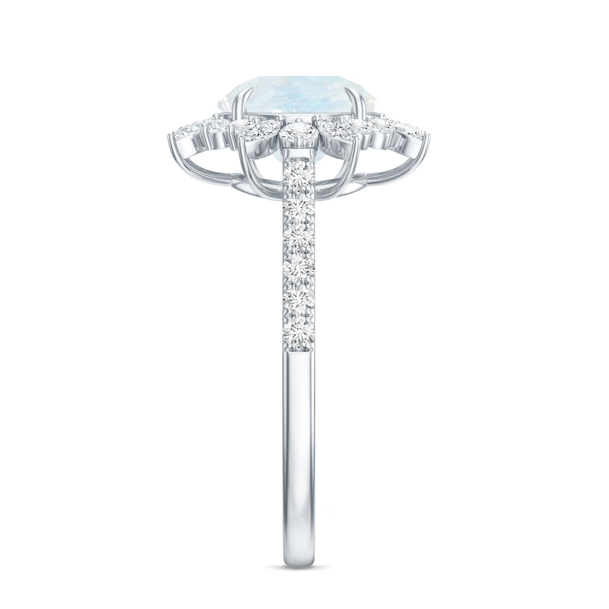Round Moonstone Statement Ring with Moissanite Floral Halo