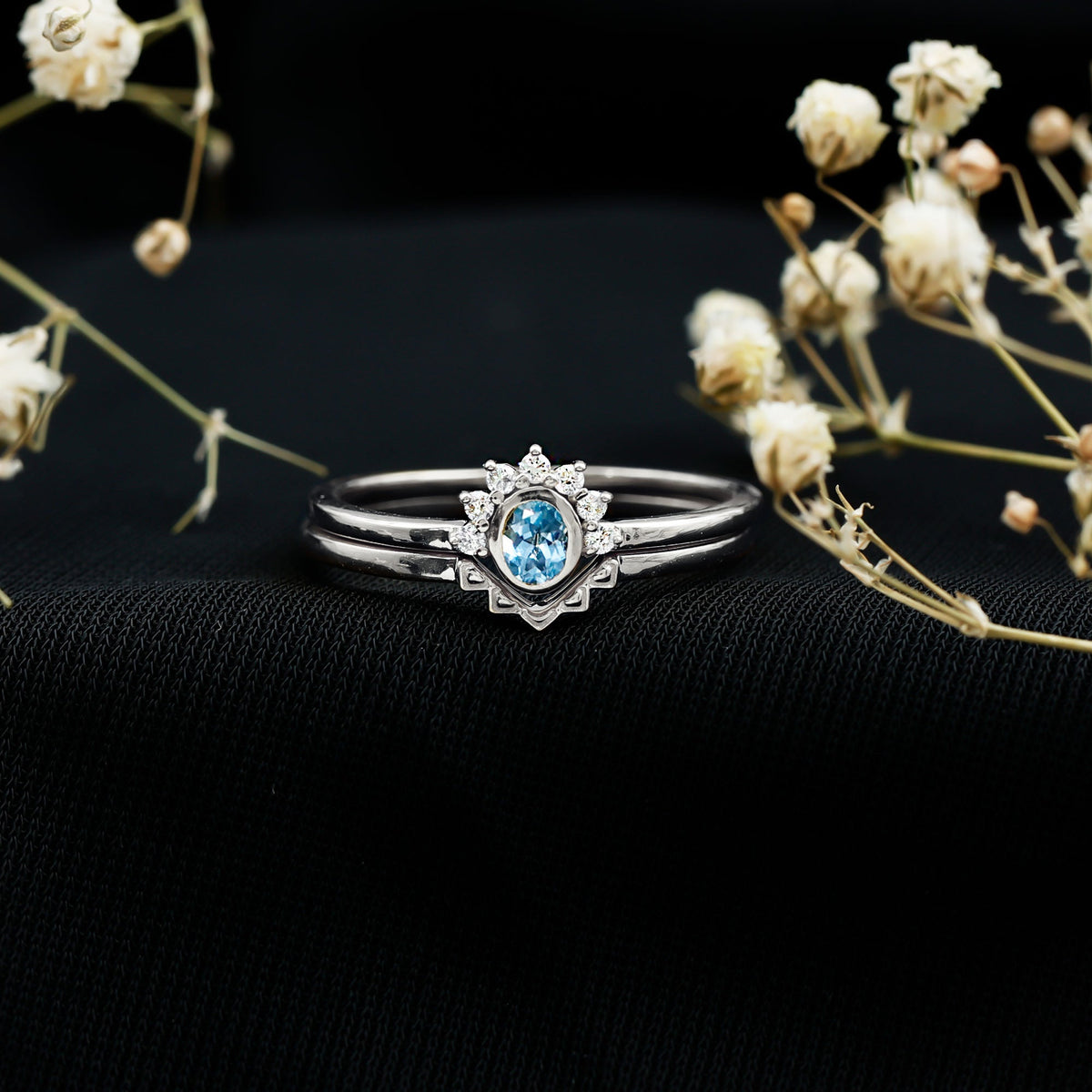 Natural Oval Cut Aquamarine Wedding Ring Set with Diamond Halo