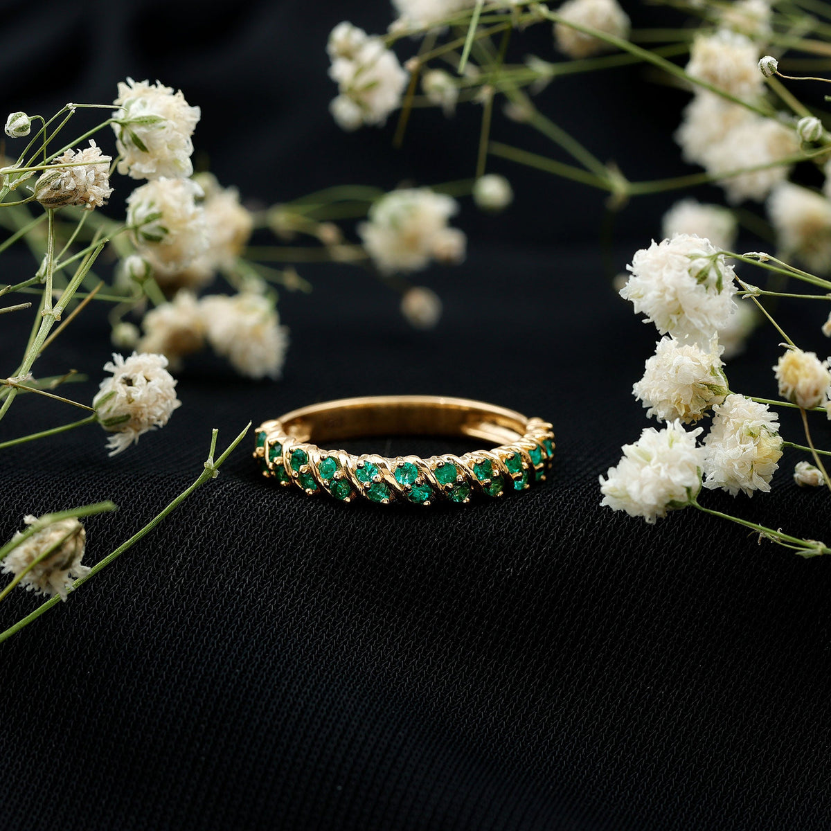 Unique Half Eternity Wedding Band with Round Emeralds
