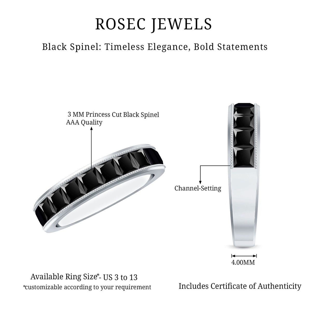 Princess Cut Black Spinel Half Eternity Band Ring