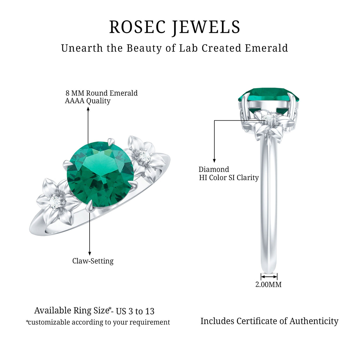 Certified Lab Grown Emerald Flower Engagement Ring with Diamond