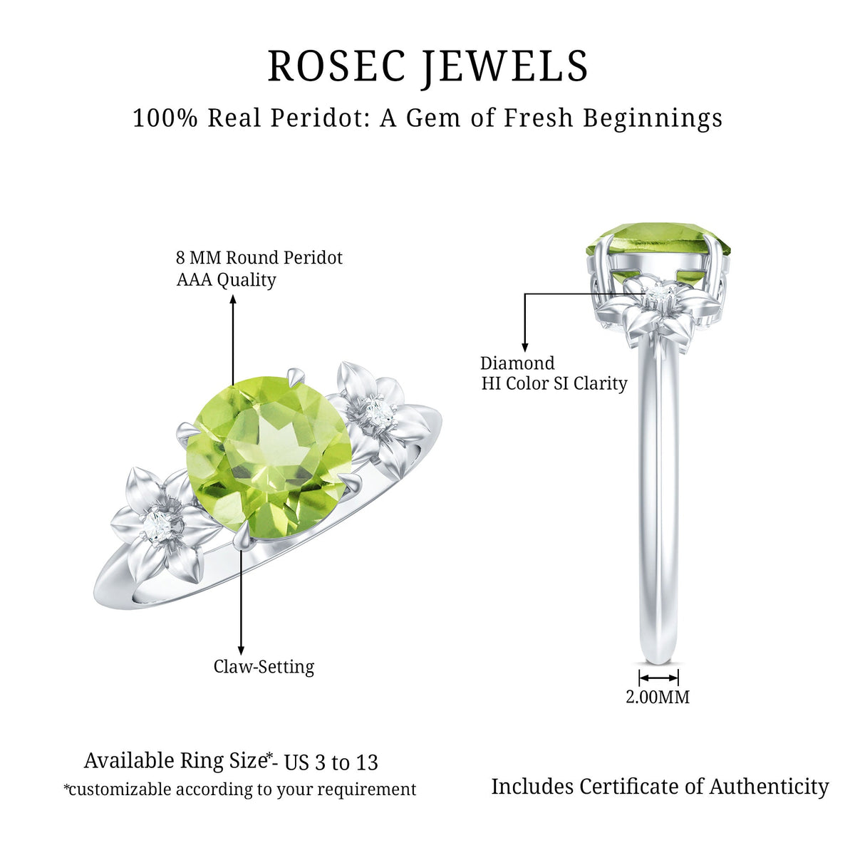 Natural 2 Carat Peridot Flower Engagement Ring with Diamond