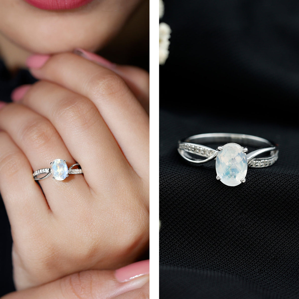 Oval Moonstone Infinity Engagement Ring with Diamond