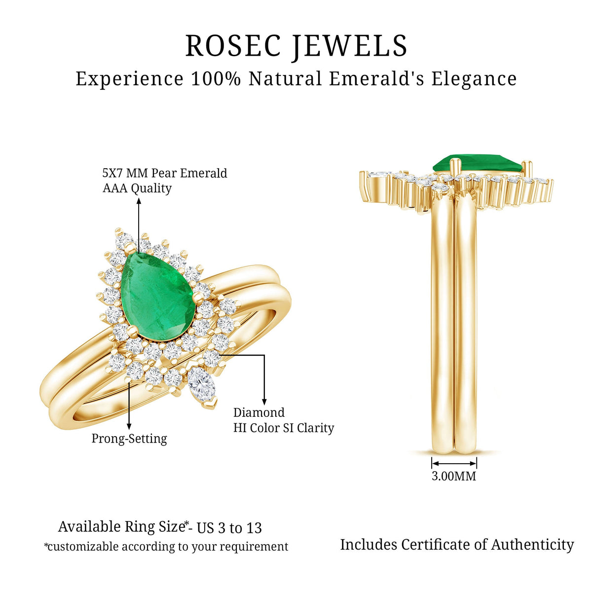 Natural Emerald Diamond Pear Shape Engagement Ring and Wedding Band Set