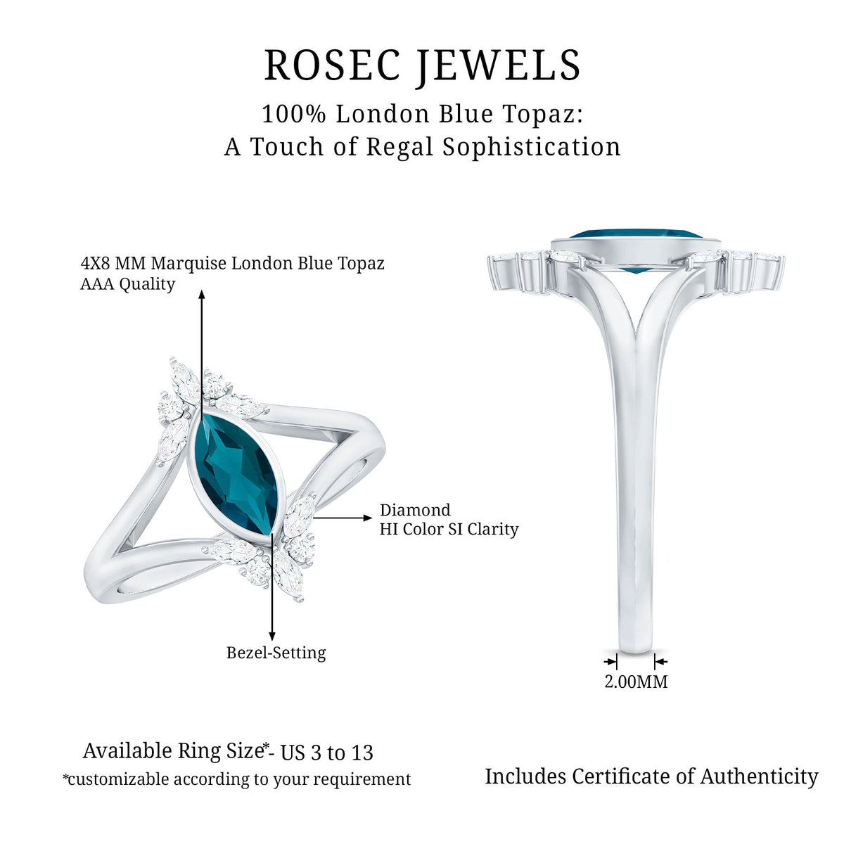 0.7 Carat Marquise Cut London Blue Topaz Cocktail Ring with Diamond