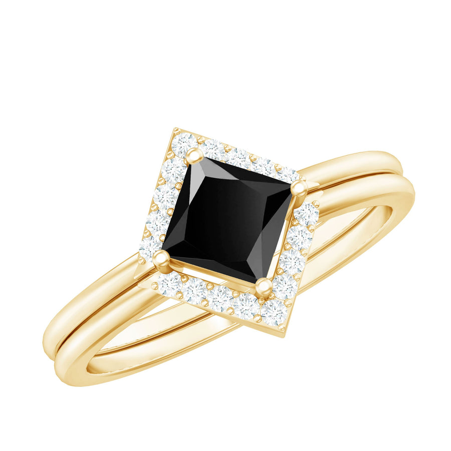 Real Black Onyx and Diamond Princess Cut Engagement Ring With Ring Guard