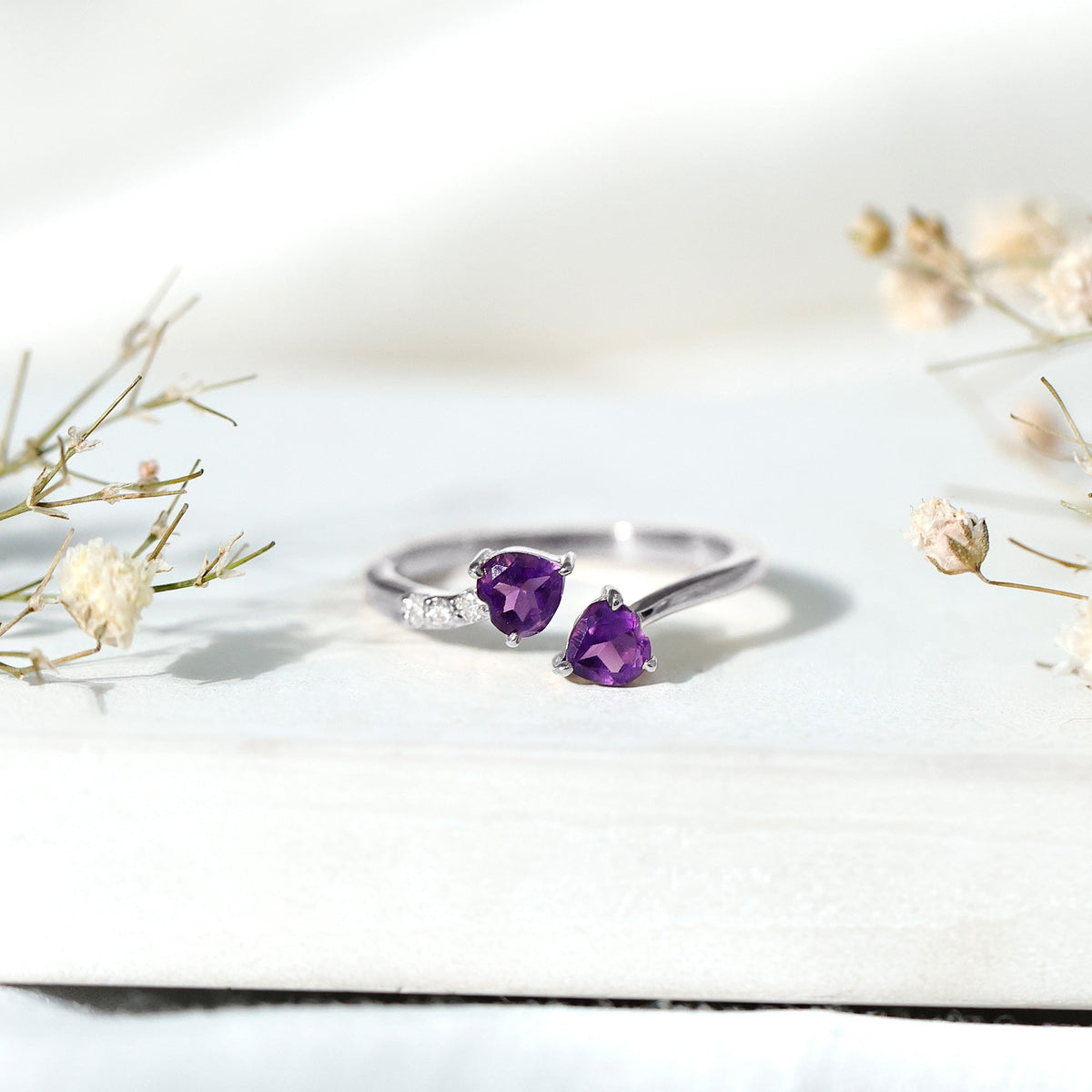 Natural Amethyst 2 Stone Heart Promise Ring with Diamond