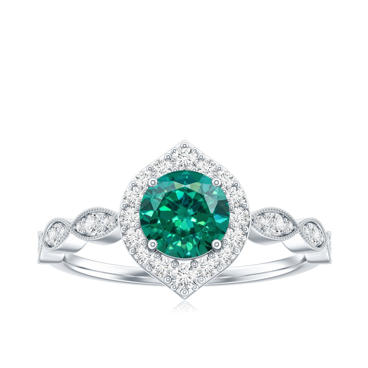 Lab Created Emerald Vintage Style Engagement Ring With Diamonds