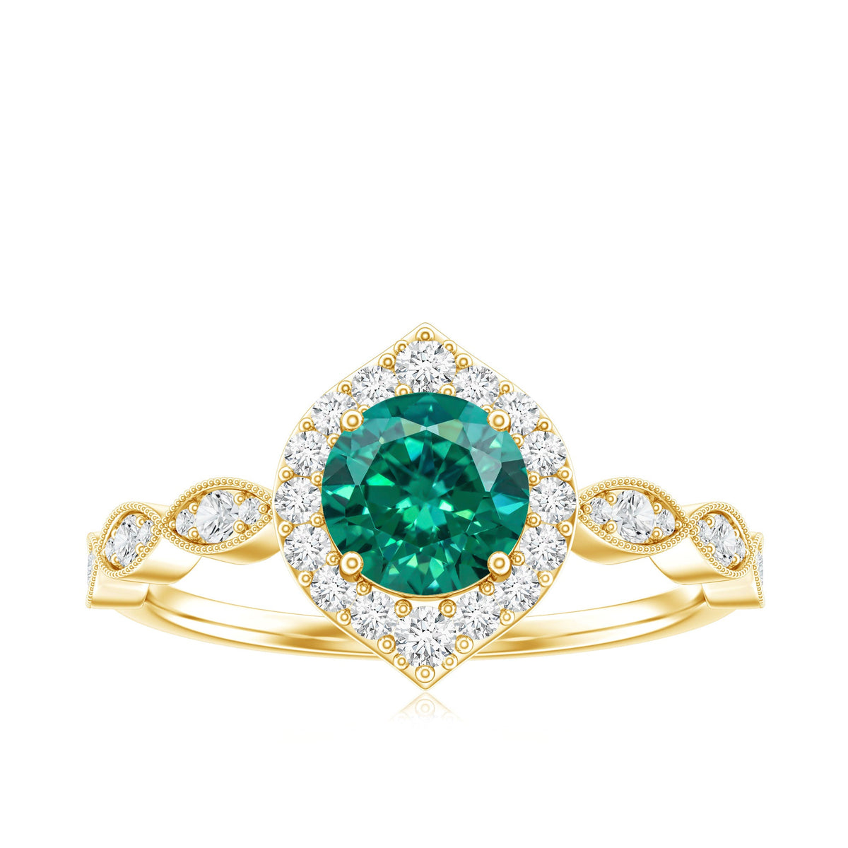 Lab Created Emerald Vintage Style Engagement Ring With Diamonds