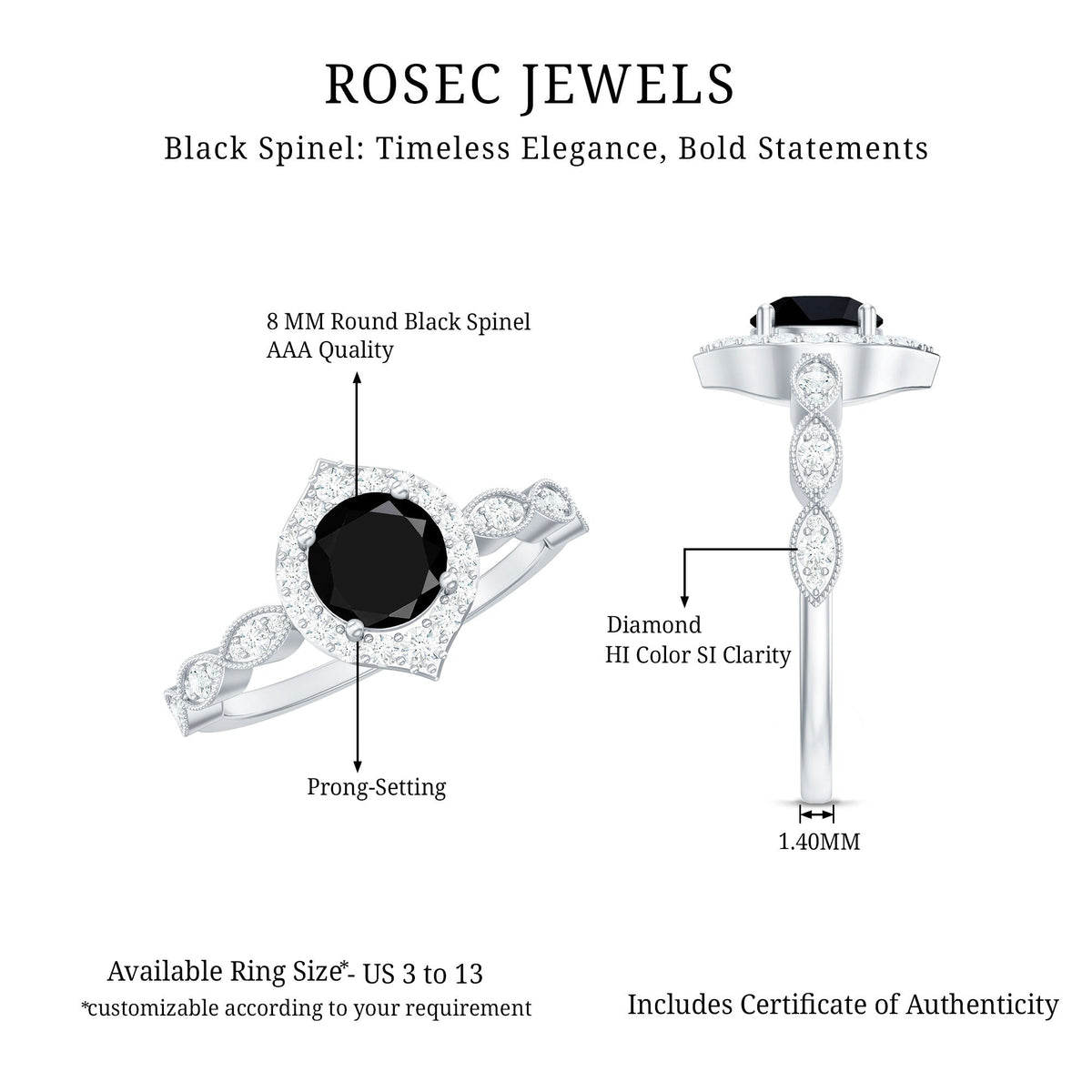 Vintage Black Spinel Engagement Ring with Diamond Halo