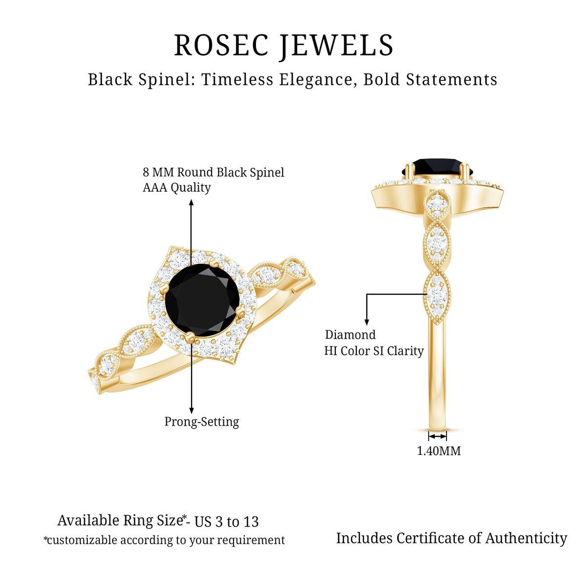 Vintage Black Spinel Engagement Ring with Diamond Halo