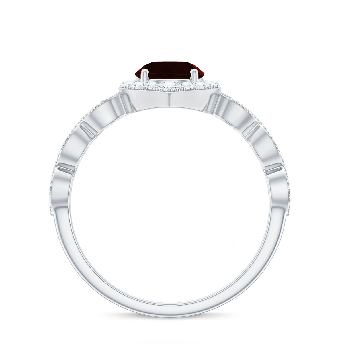 Vintage Looking Garnet Engagement Ring with Diamond Halo