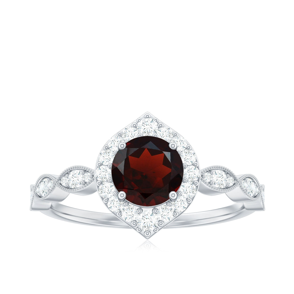 Vintage Looking Garnet Engagement Ring with Diamond Halo