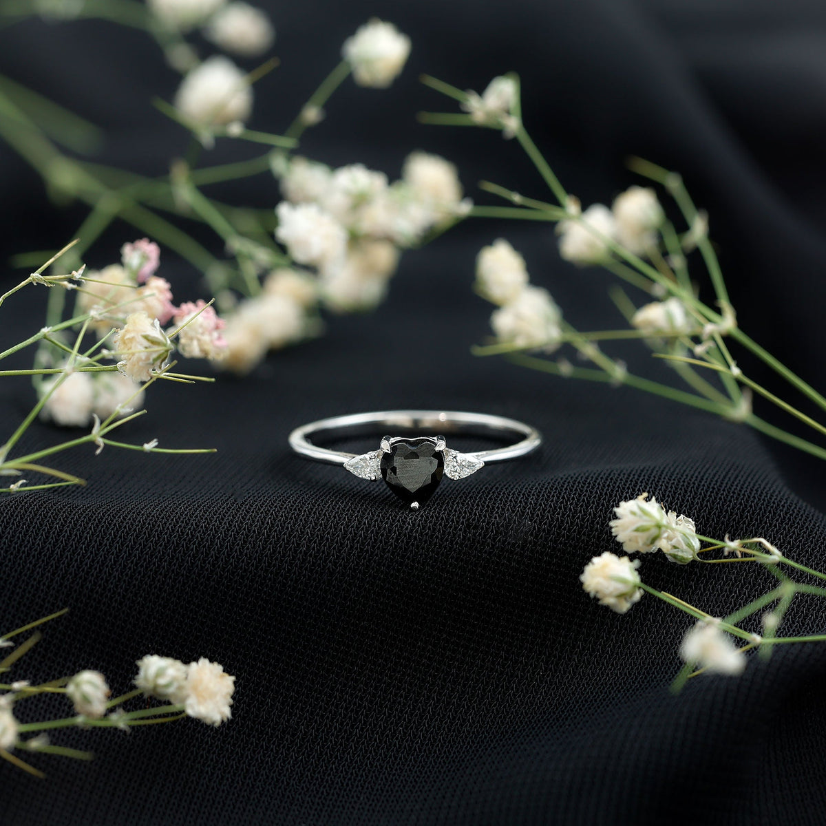Certified Lab Grown Black Diamond Heart Promise Ring with White Diamond