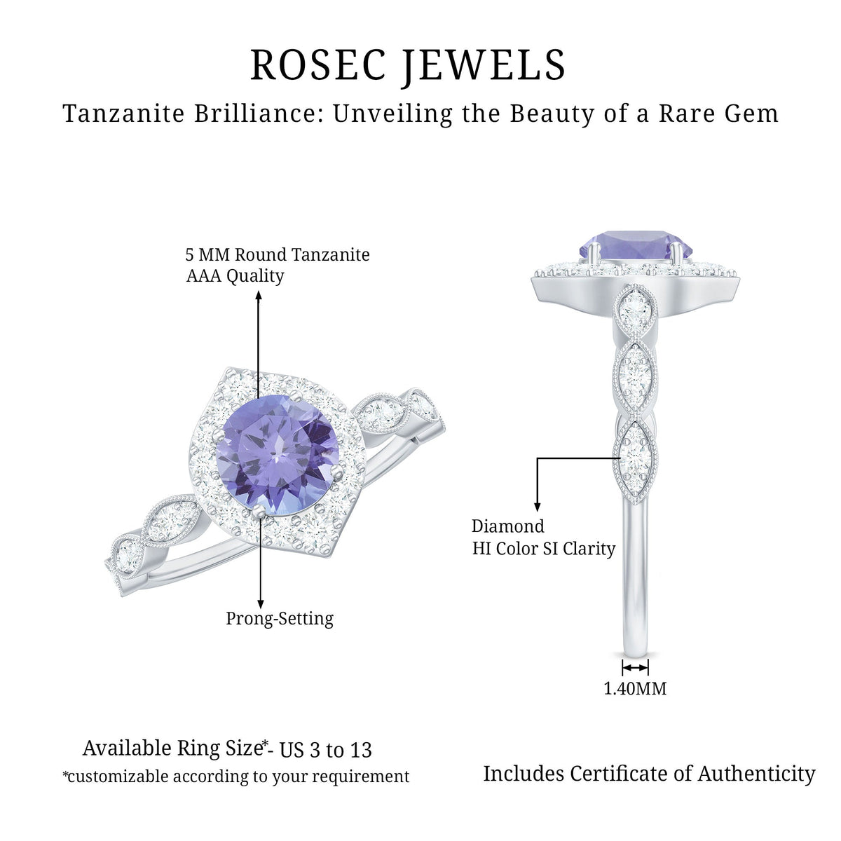 Real 0.54 Carat Tanzanite Vintage Engagement Ring with Diamond