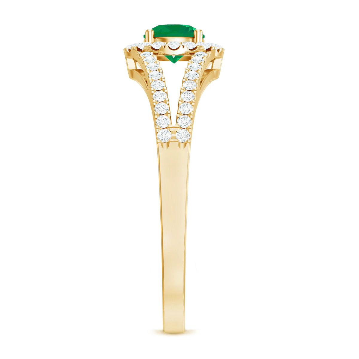 Classic Emerald Split Shank Engagement Ring with Diamond Halo