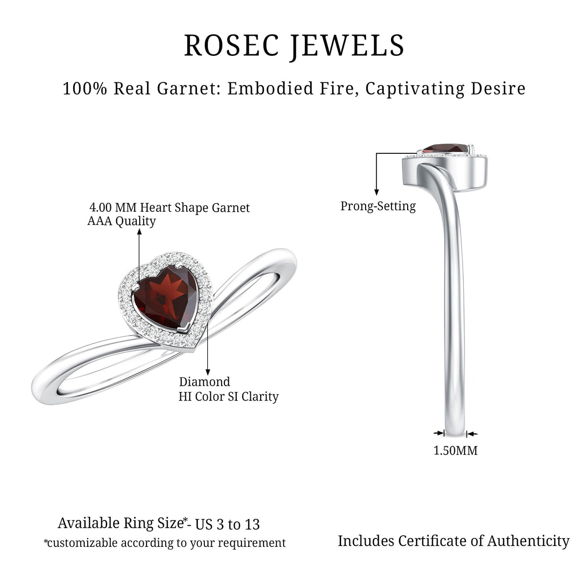 Certified Real Garnet Heart Promise Ring with Diamond Halo