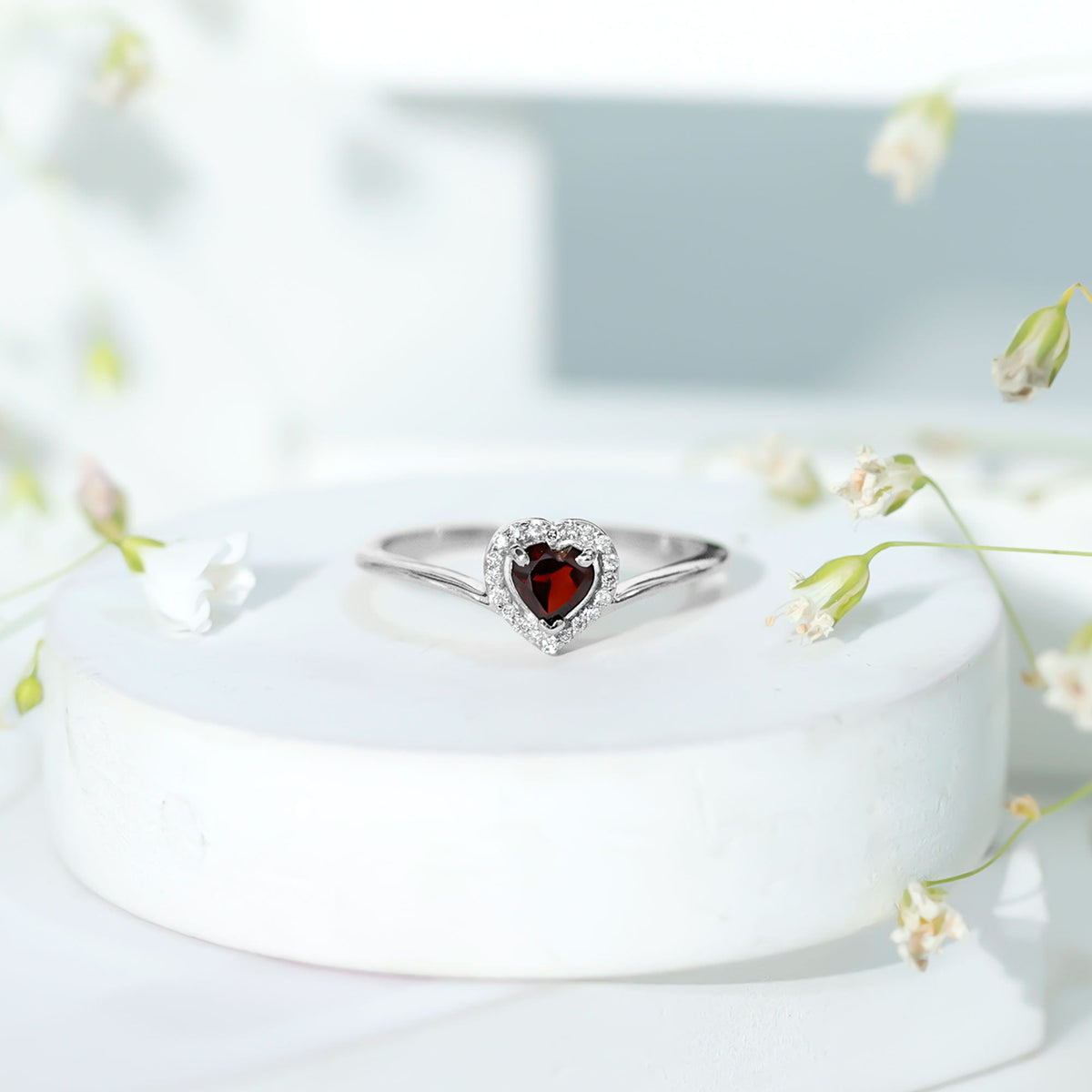 Certified Real Garnet Heart Promise Ring with Diamond Halo