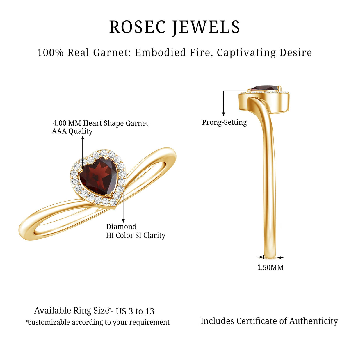 Certified Real Garnet Heart Promise Ring with Diamond Halo