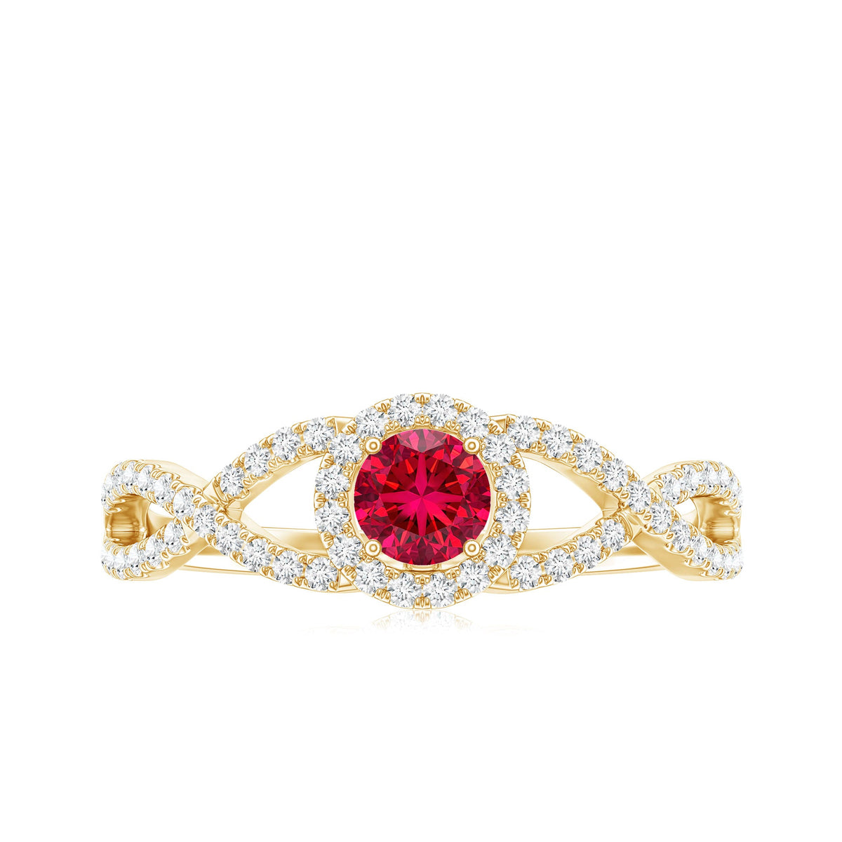 Criss Cross Shank Created Ruby and Diamond Halo Engagement Ring