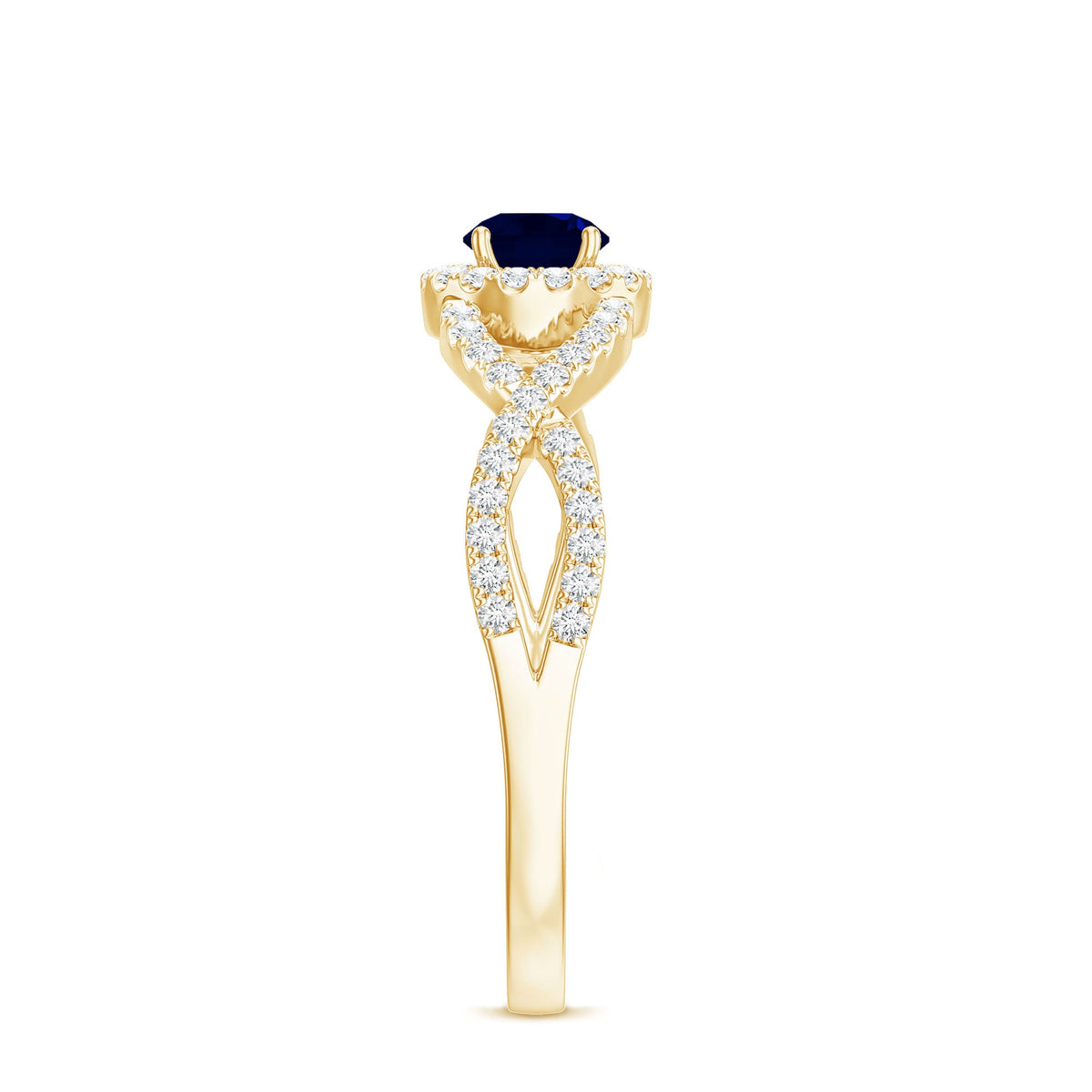 Criss Cross Shank Blue Sapphire and Diamond Halo Engagement Ring