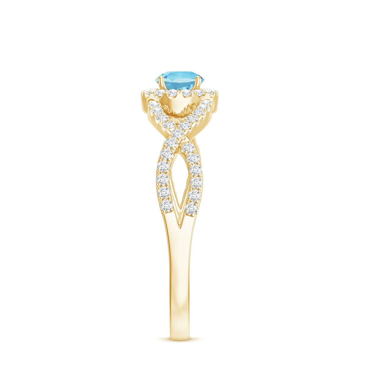 Real Aquamarine Criss Cross Engagement Ring with Diamond Halo