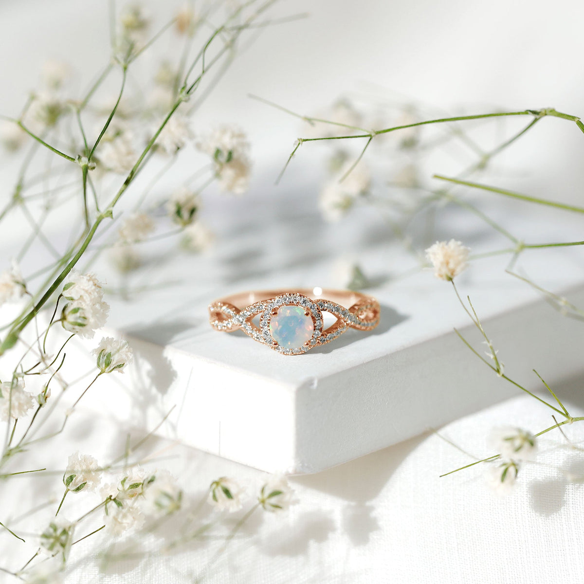 Natural Ethiopian Opal Diamond Engagement Ring with Criss Cross Shank