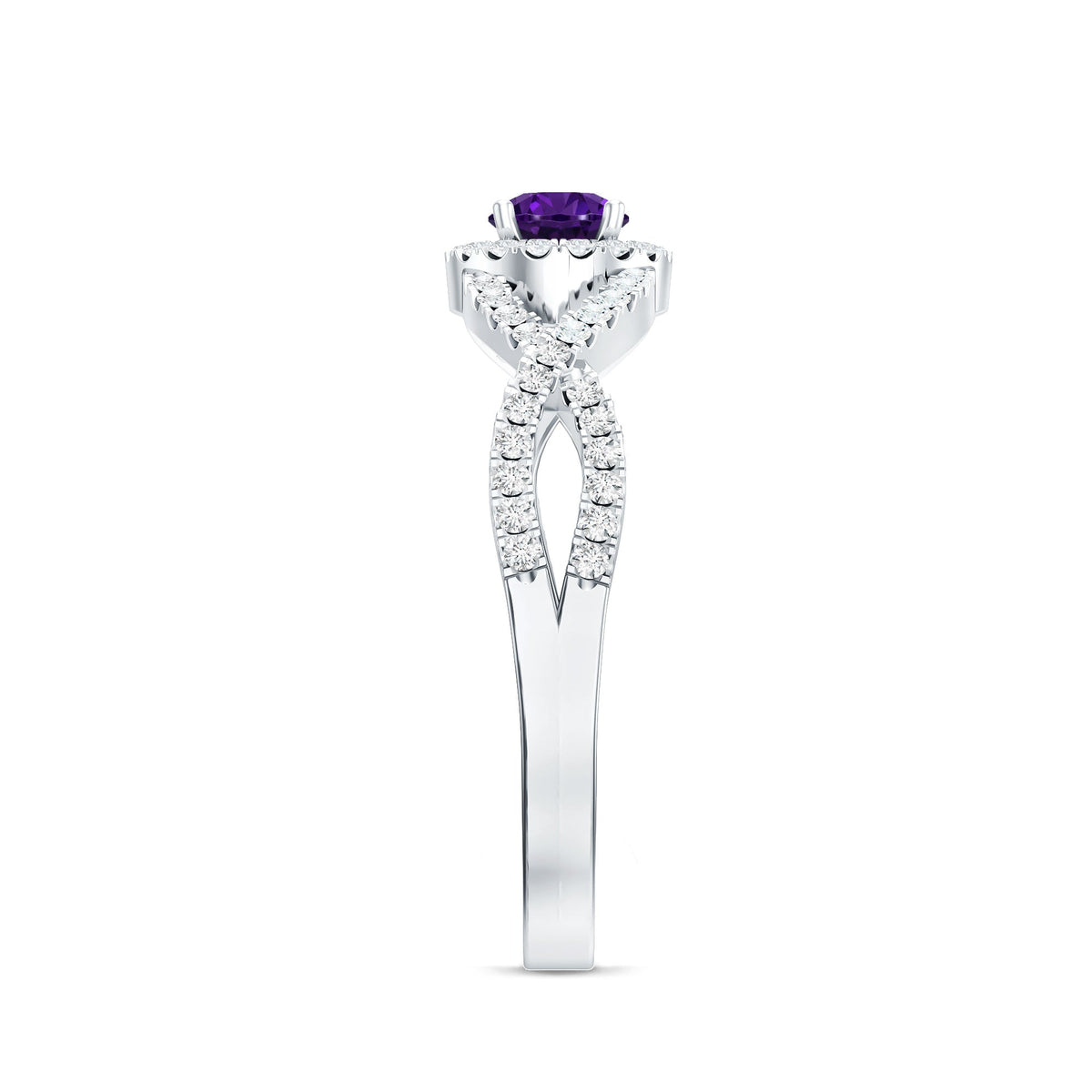 Real Amethyst Diamond Halo Engagement Ring with Criss Cross Shank